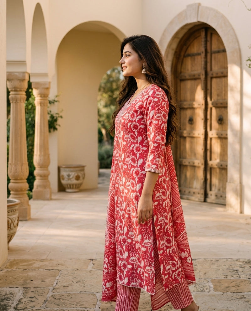 Red and White Floral Printed Suit Set with Dupatta