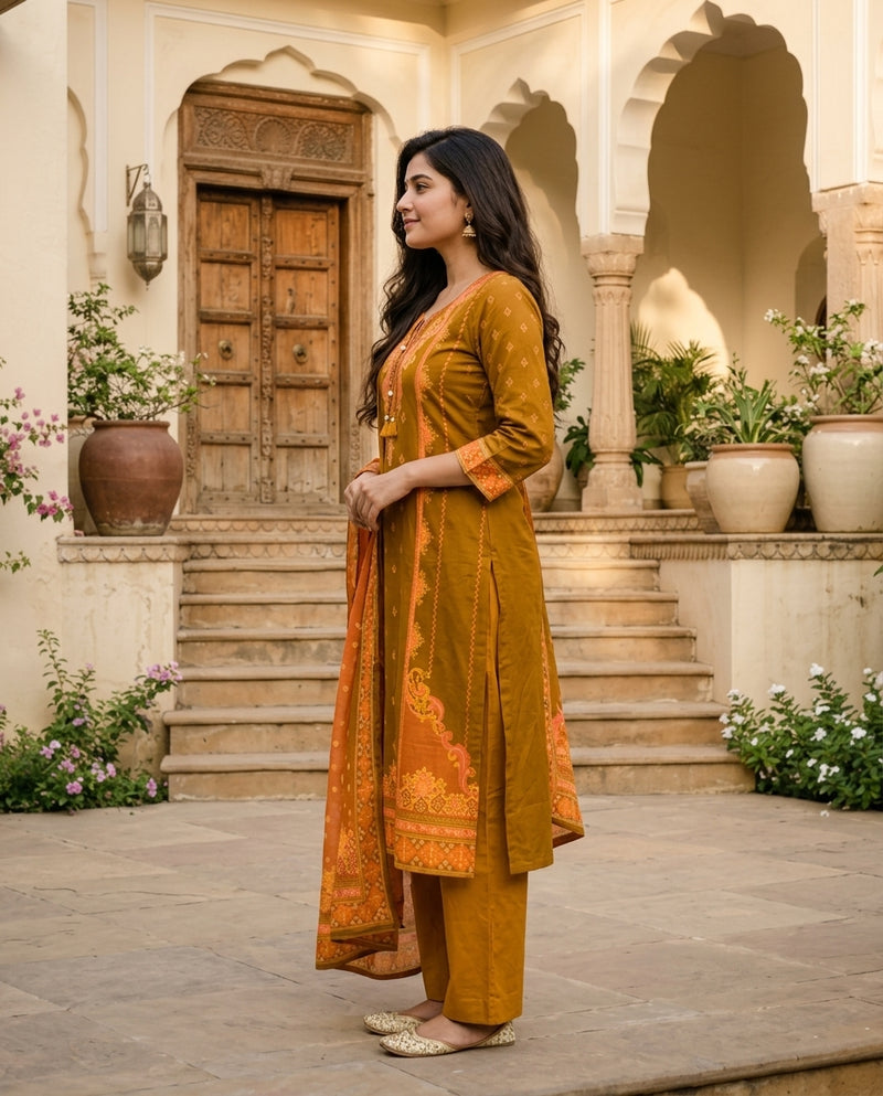 Mustard Yellow Printed Kurta Set with Dupatta