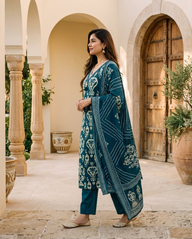 Teal Ikat Print Kurta Set with Dupatta