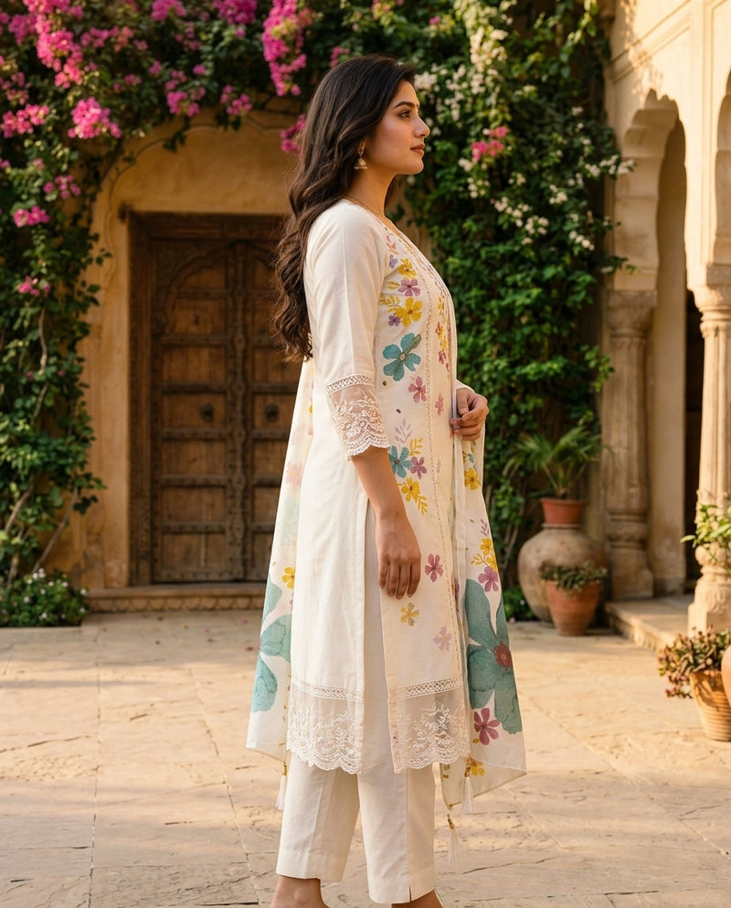 Off-White Floral Embroidered Kurta Set with Dupatta