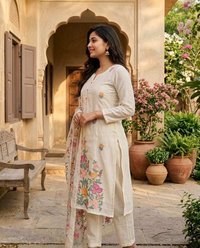 Off-White Floral Embroidered Kurta Suit Set with Sheer Dupatta