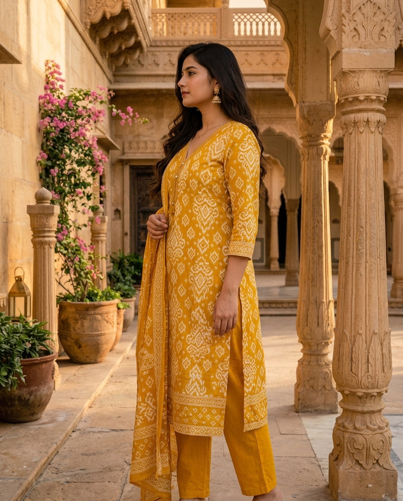 Mustard Yellow Ikat Print Suit Set with Dupatta