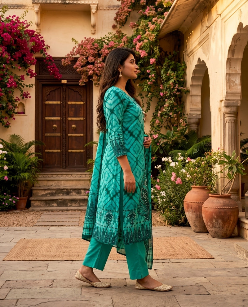 Turquoise Tie-Dye Printed Kurta Set with Dupatta