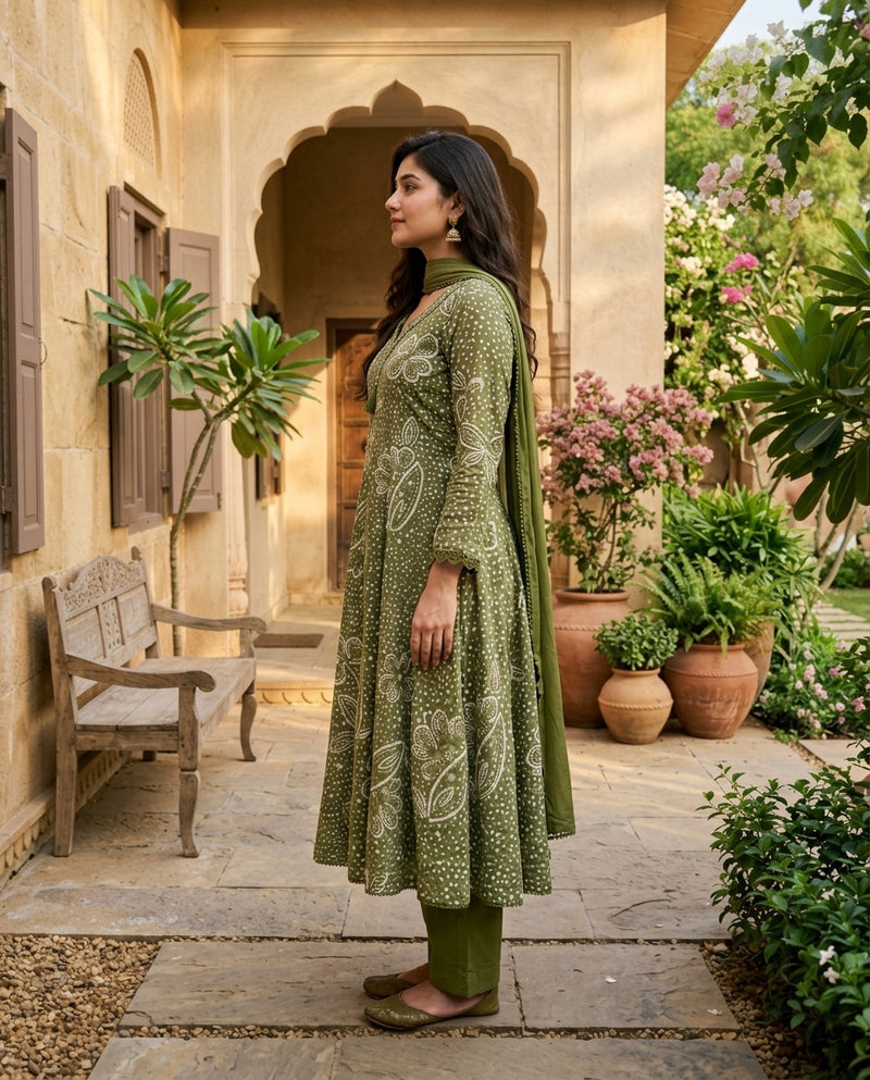 Olive Green Bandhani Print Anarkali Suit Set