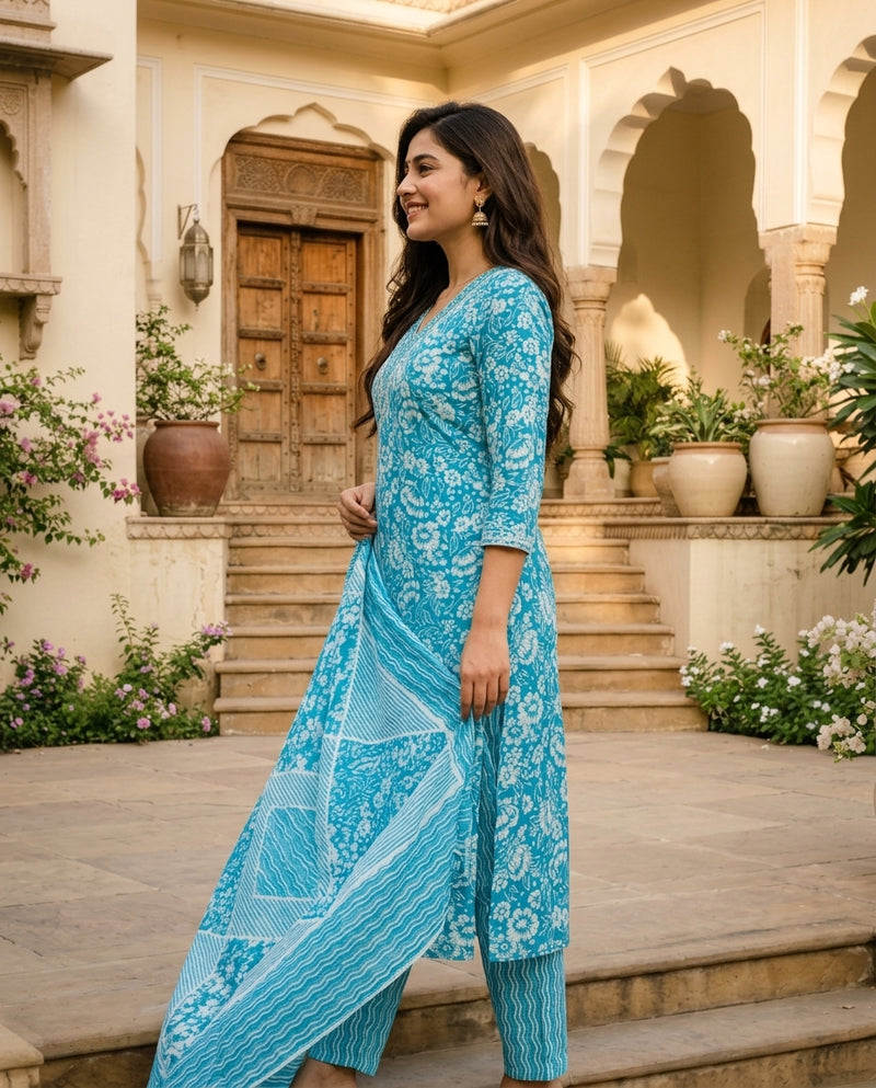 Turquoise Floral Print V-Neck Kurta Set with Dupatta