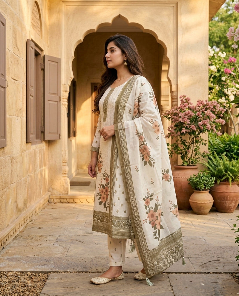 Off-White Printed Suit Set with Floral Accents