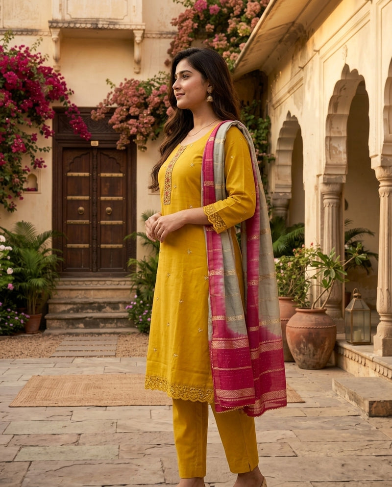 Mustard Yellow Embroidered Kurta Set with Shaded Zari Dupatta