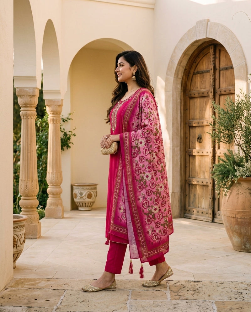 Magenta Embroidered Kurta Set with Printed Dupatta