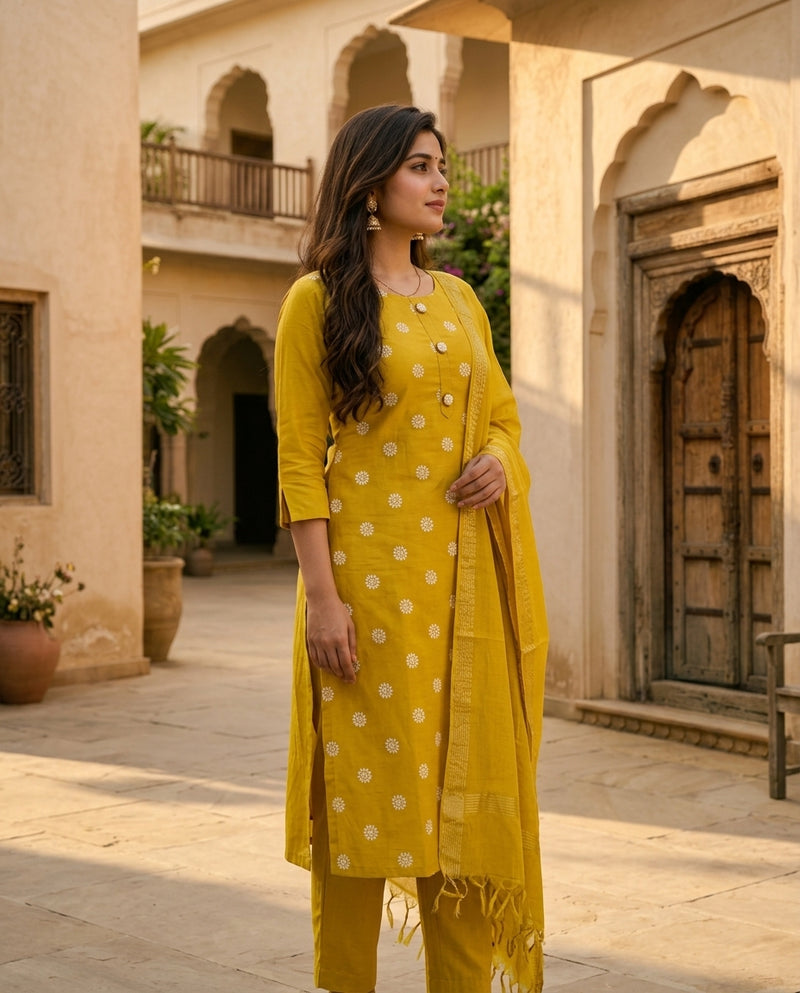 Yellow Woven Motif Kurta Set with Trousers & Dupatta