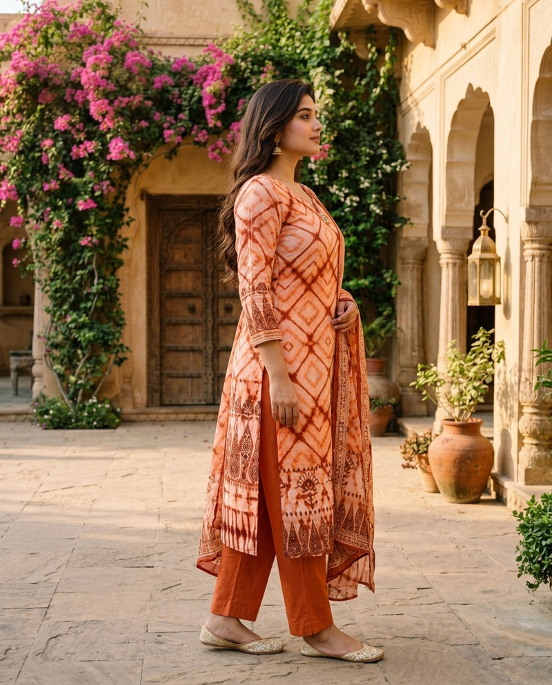 Peach Tie-Dye Printed Kurta Set with Dupatta and Trousers
