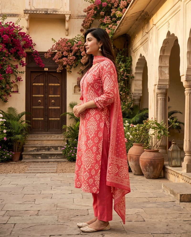 Pink Ikat Printed Kurta Set with Trousers and Dupatta