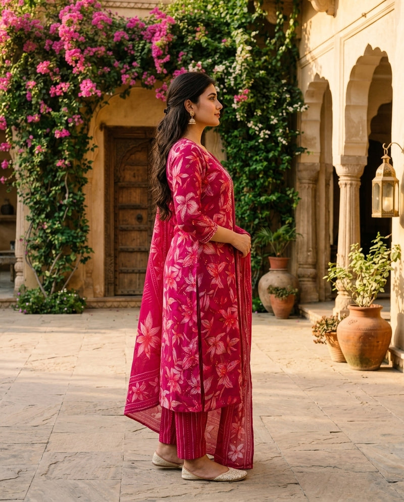 Pink Floral Printed Suit Set with Dupatta