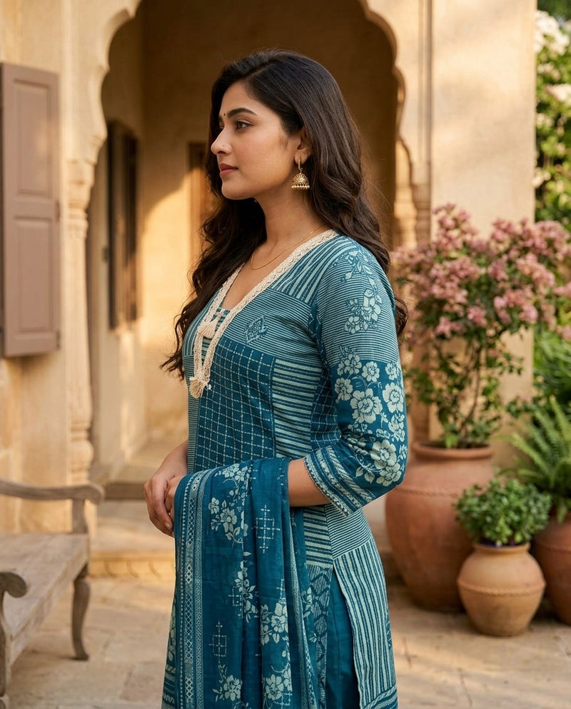 Teal Blue Printed A-Line Kurta Set with Dupatta