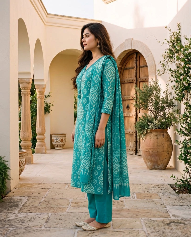 Teal Ikat Print Kurta Set with Dupatta