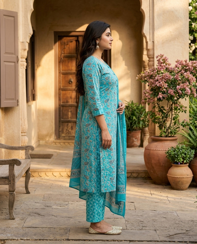 Turquoise Printed Kurta Set with Dupatta