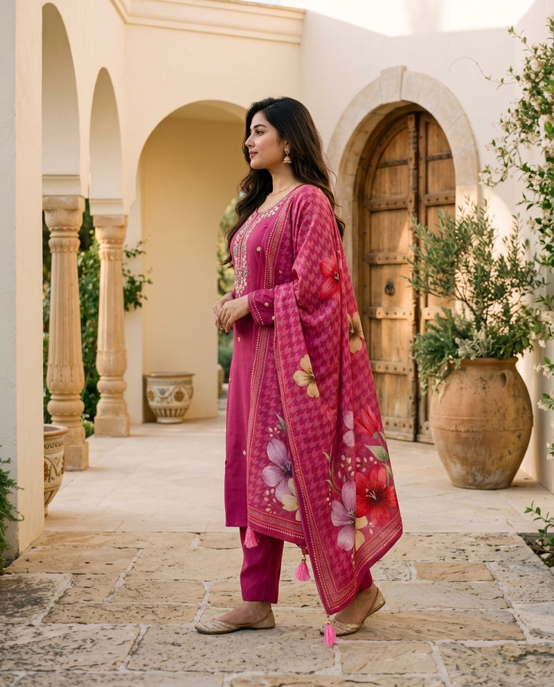 Magenta Embroidered Kurta with Trousers and Printed Dupatta Set