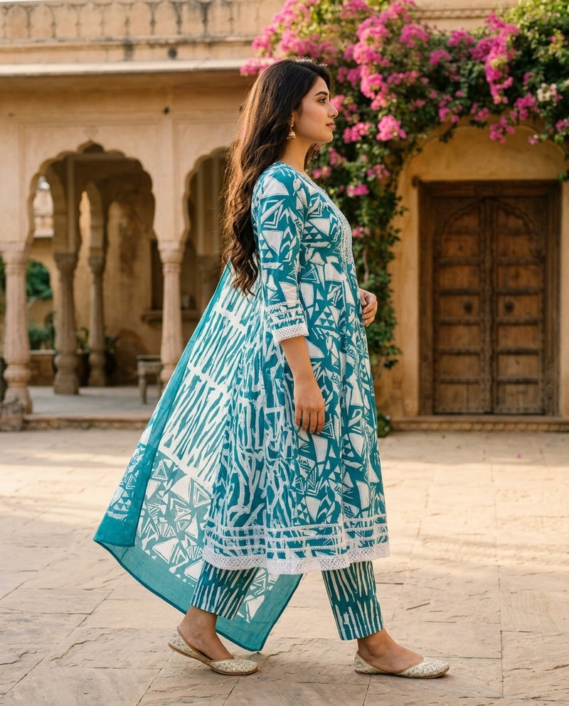 Teal Printed Anarkali Kurta Suit Set with Lace Details