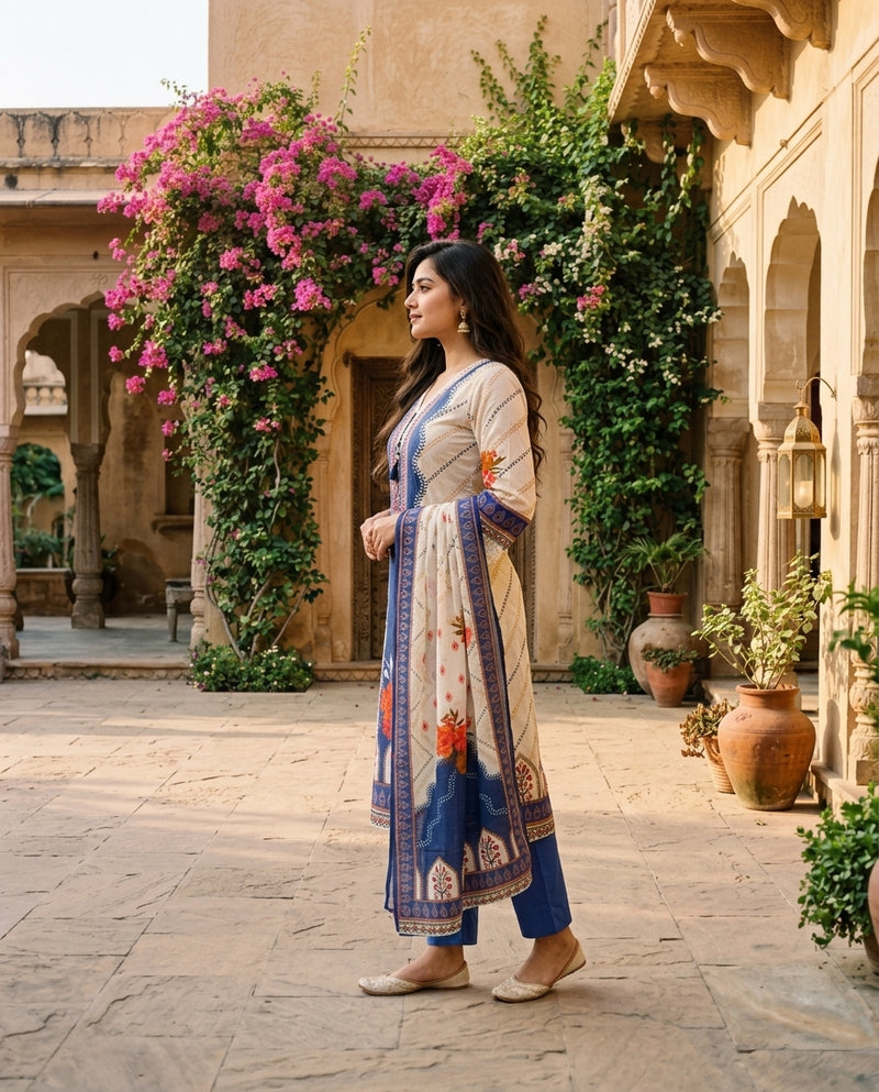 Off-White & Blue Printed Kurta Set with Dupatta