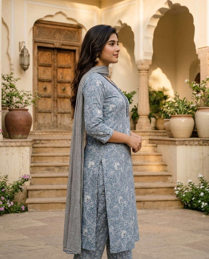 Blue Floral Printed Cotton Suit Set with Mirror Work