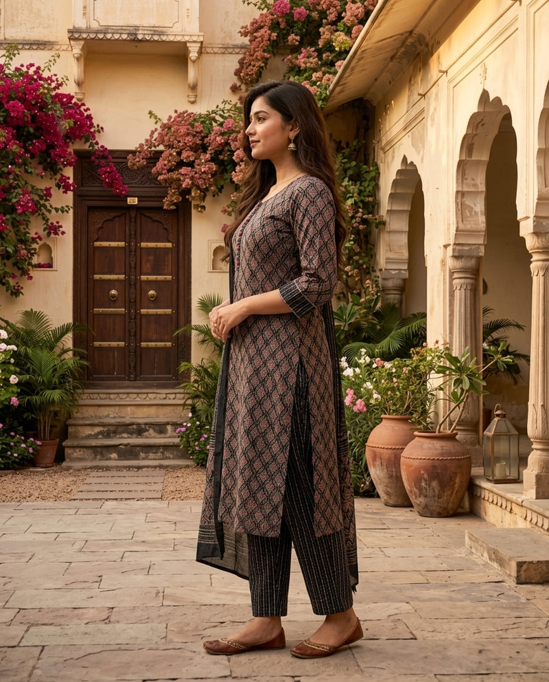 Black Geometric Printed Kurta Set with Pants and Dupatta