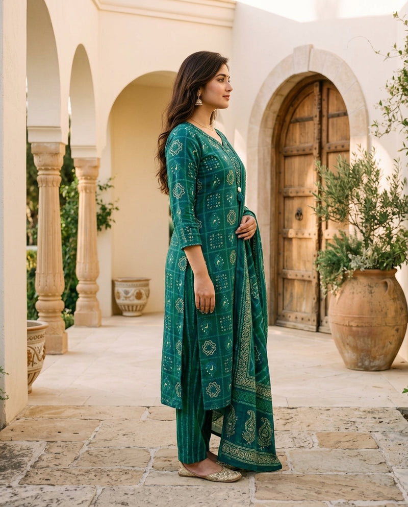 Teal and Green Bandhani Print Suit Set with Dupatta