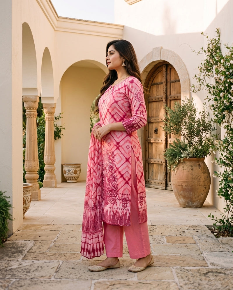 Pink Tie-Dye Printed Suit Set with Beaded Neckline