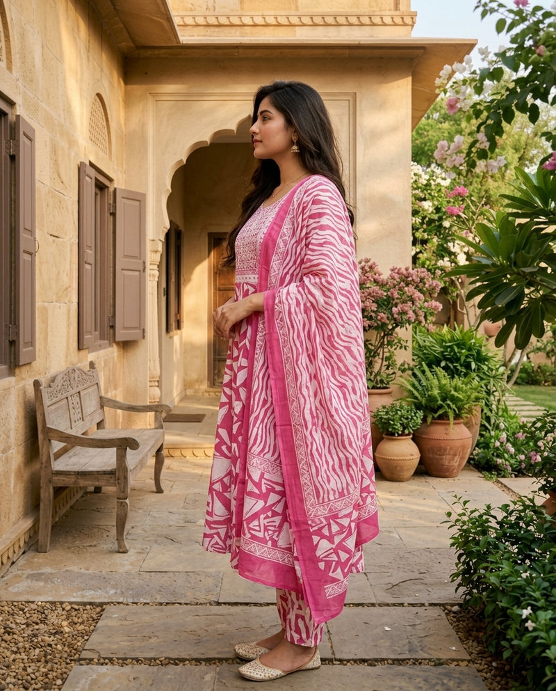 Pink Geometric Print Frock Suit Set with Embroidered Yoke