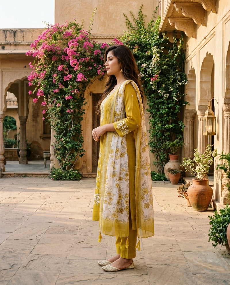 Mustard Yellow Embroidered Kurta Set with Printed Dupatta