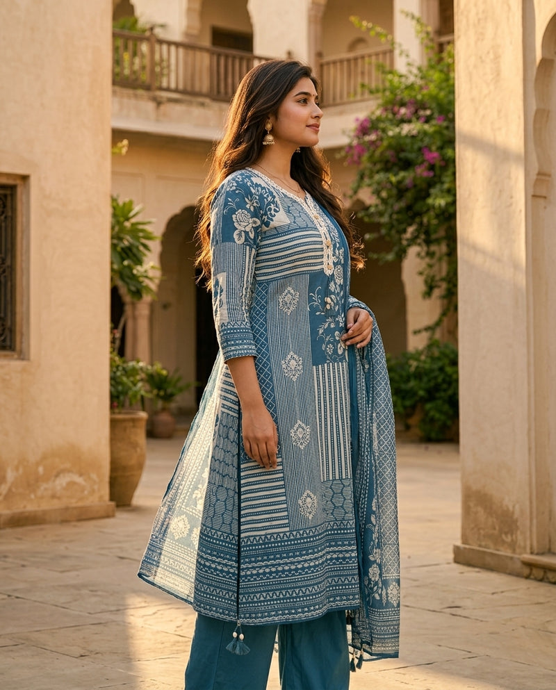 Blue Patchwork Printed Flared Kurta Set with Dupatta