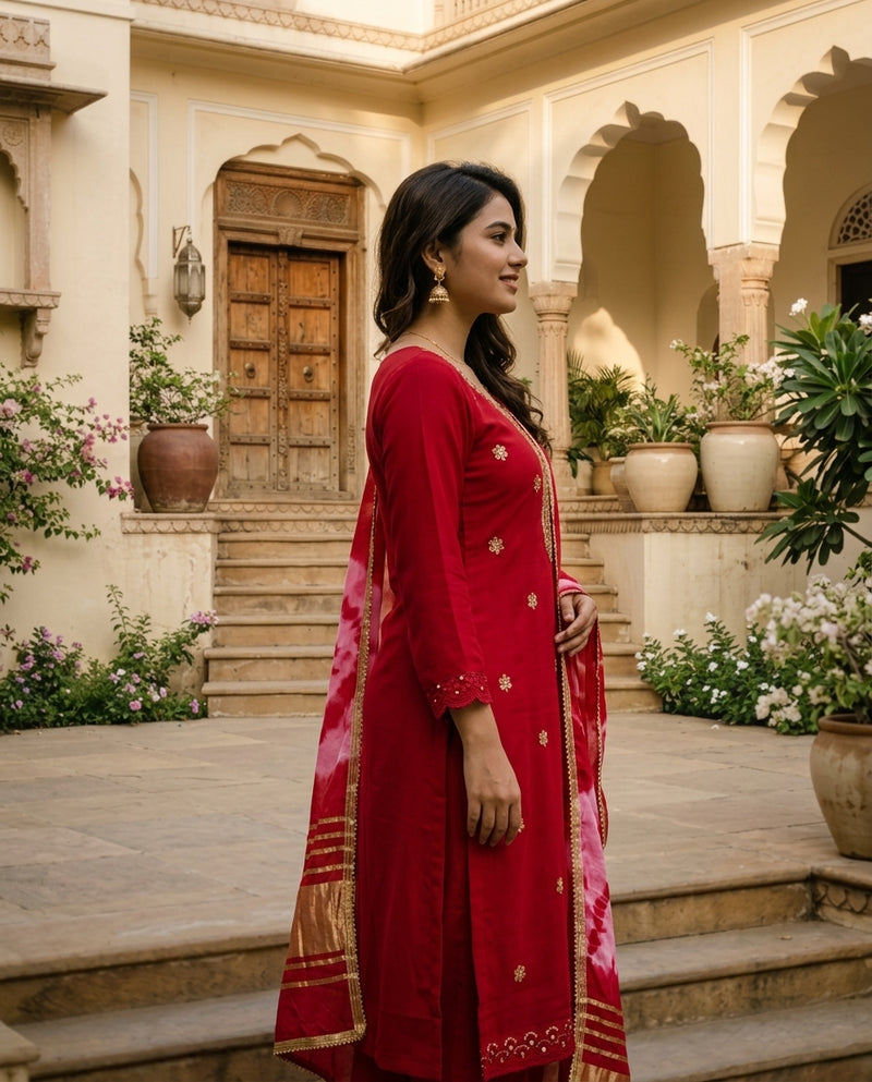 Red Embroidered Kurta Set with Leheriya Dupatta