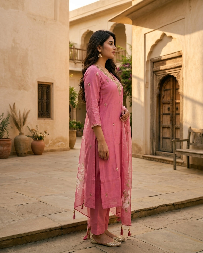 Pink Embroidered Kurta Set with Floral Print Dupatta