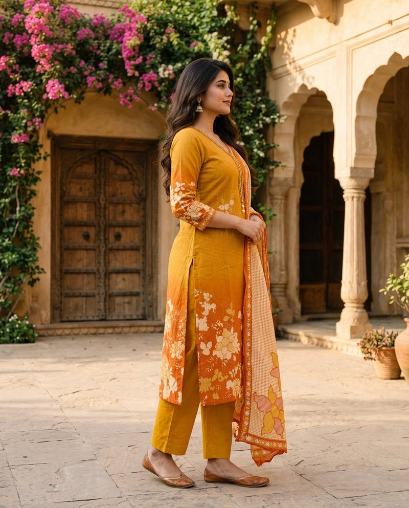 Mustard Yellow & Orange Ombre Printed Kurta Set
