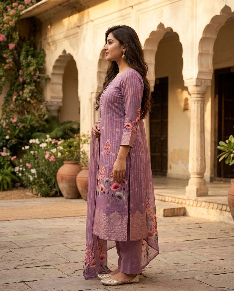 Mauve Printed Kurta Set with Dupatta and Trousers