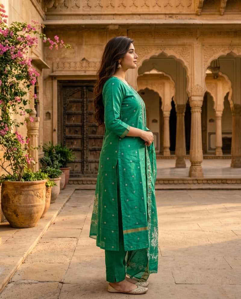 Green Embroidered Kurta Set with Printed Dupatta and Trousers