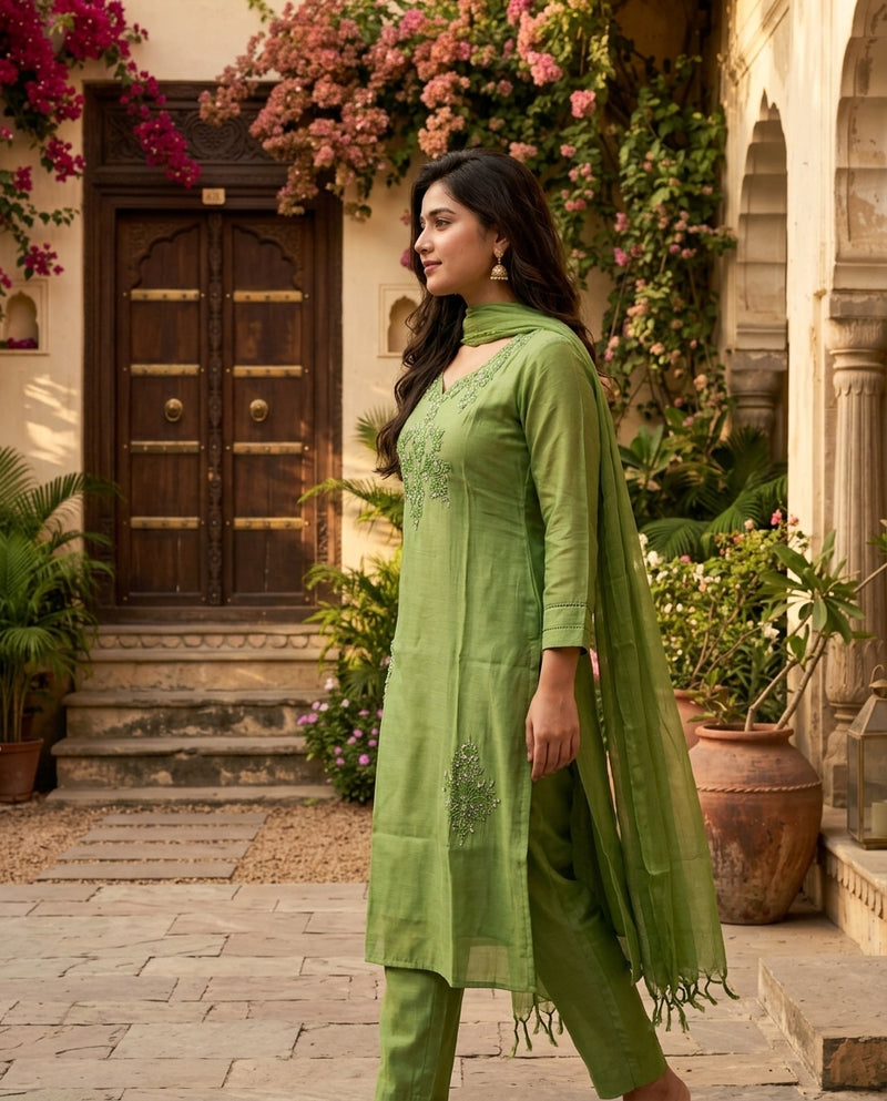 Green Embroidered Kurta Set with Trousers and Dupatta
