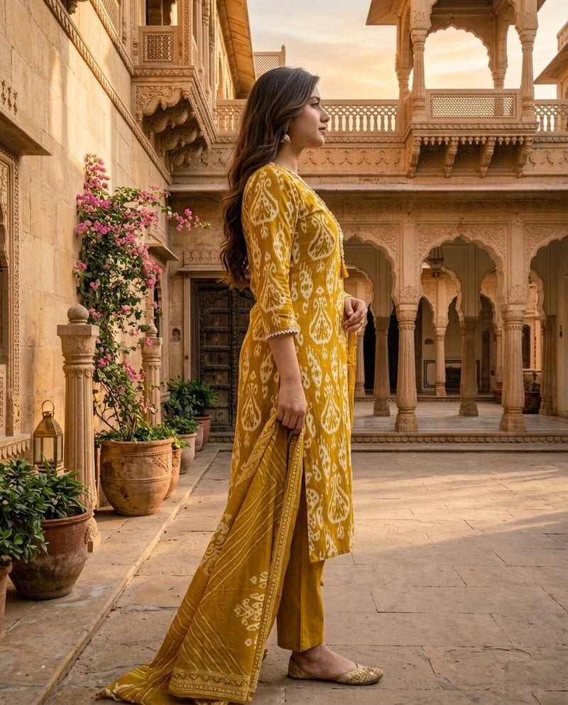 Mustard Ikat Printed V-Neck Kurta Set with Dupatta
