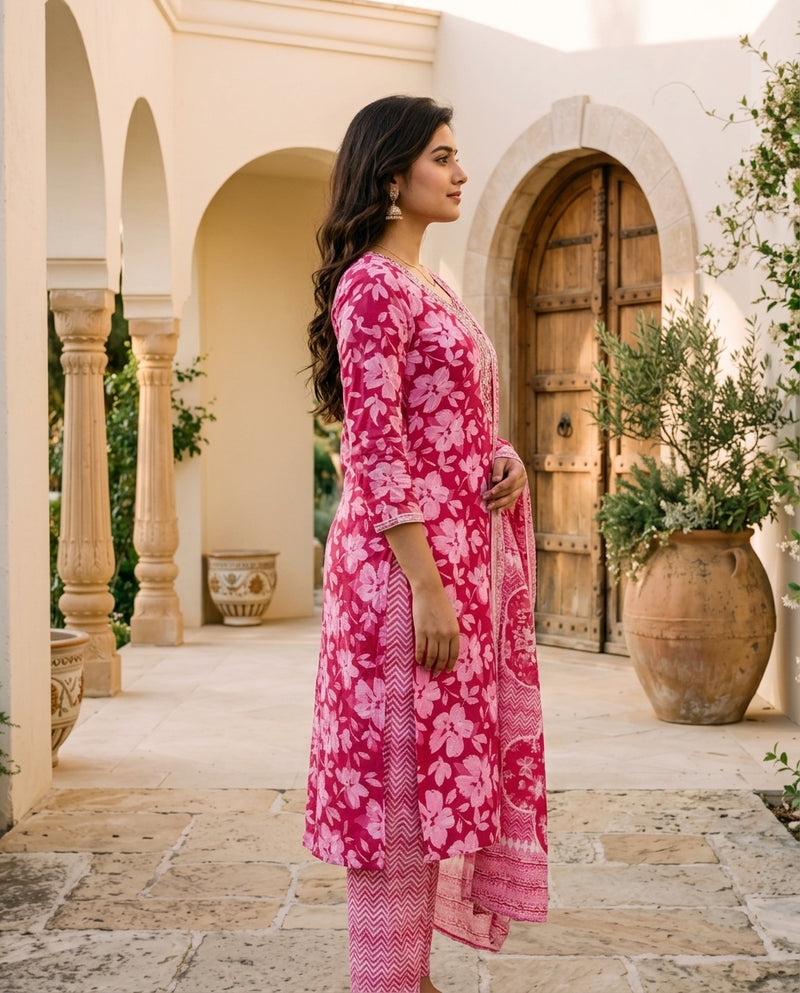 Pink Floral Printed Kurta Set with Sequined Neckline