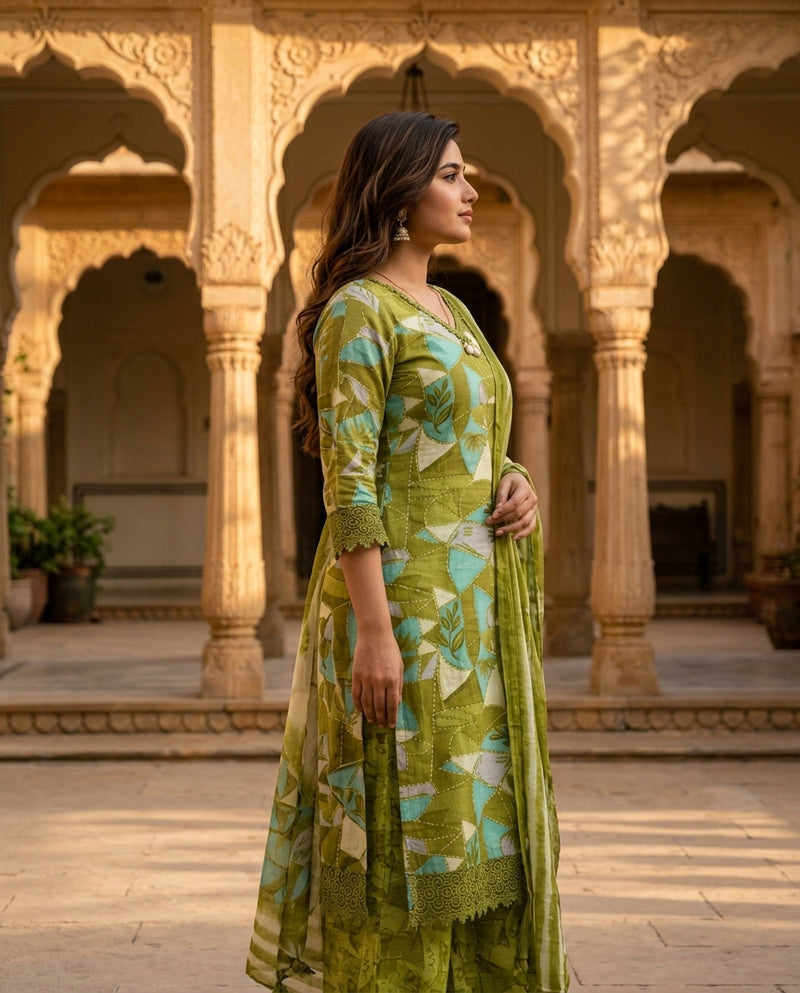 Green Printed V-Neck Kurta Set with Palazzo and Dupatta
