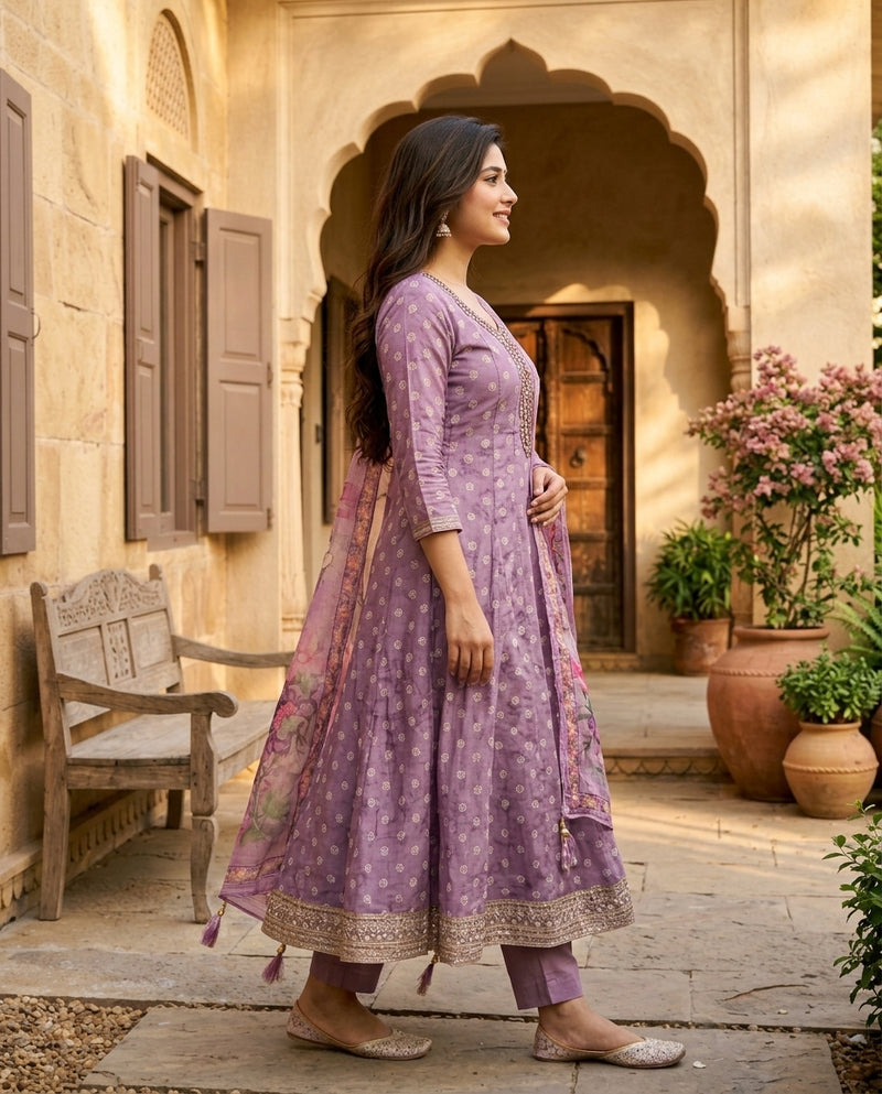 Mauve Kalidar Frock Suit Set with Embellished Neckline