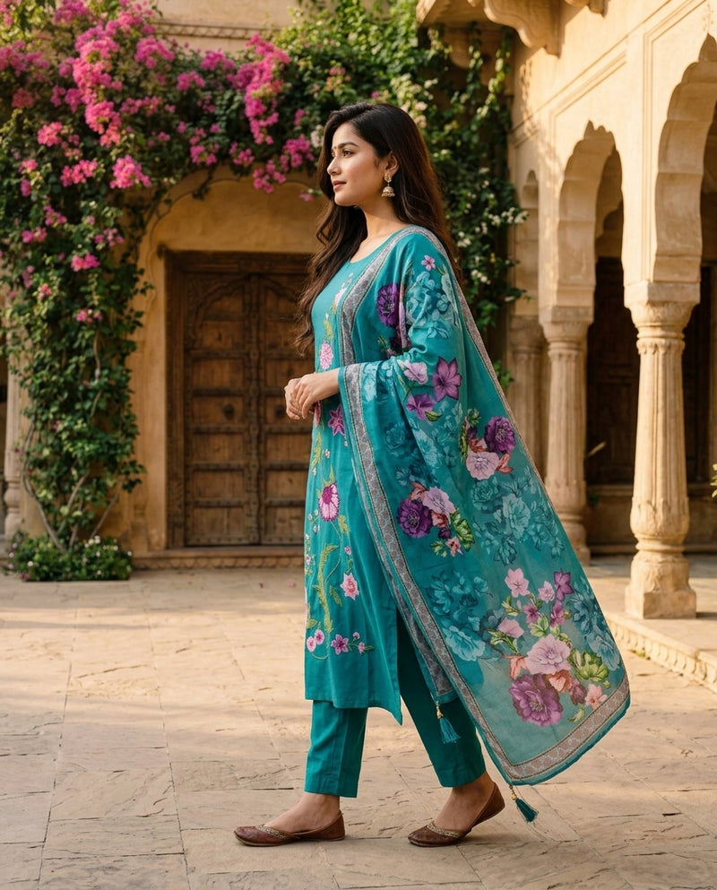 Teal Floral Embroidered Kurta Set with Printed Dupatta