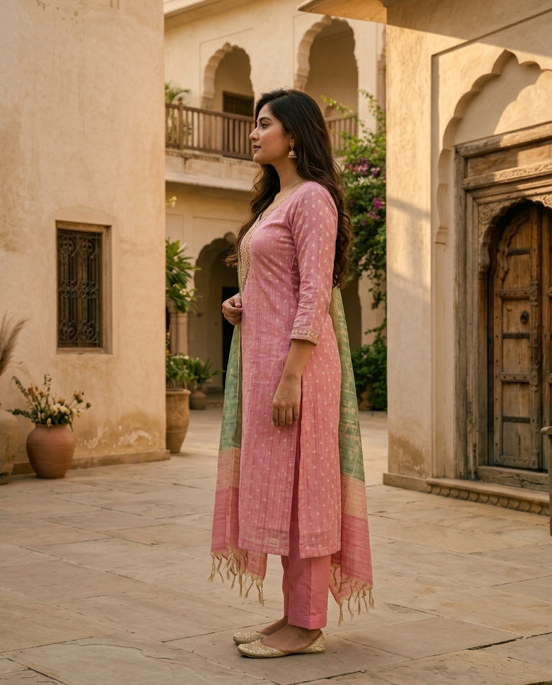 Pink Embroidered Kurta Set with Contrast Dupatta