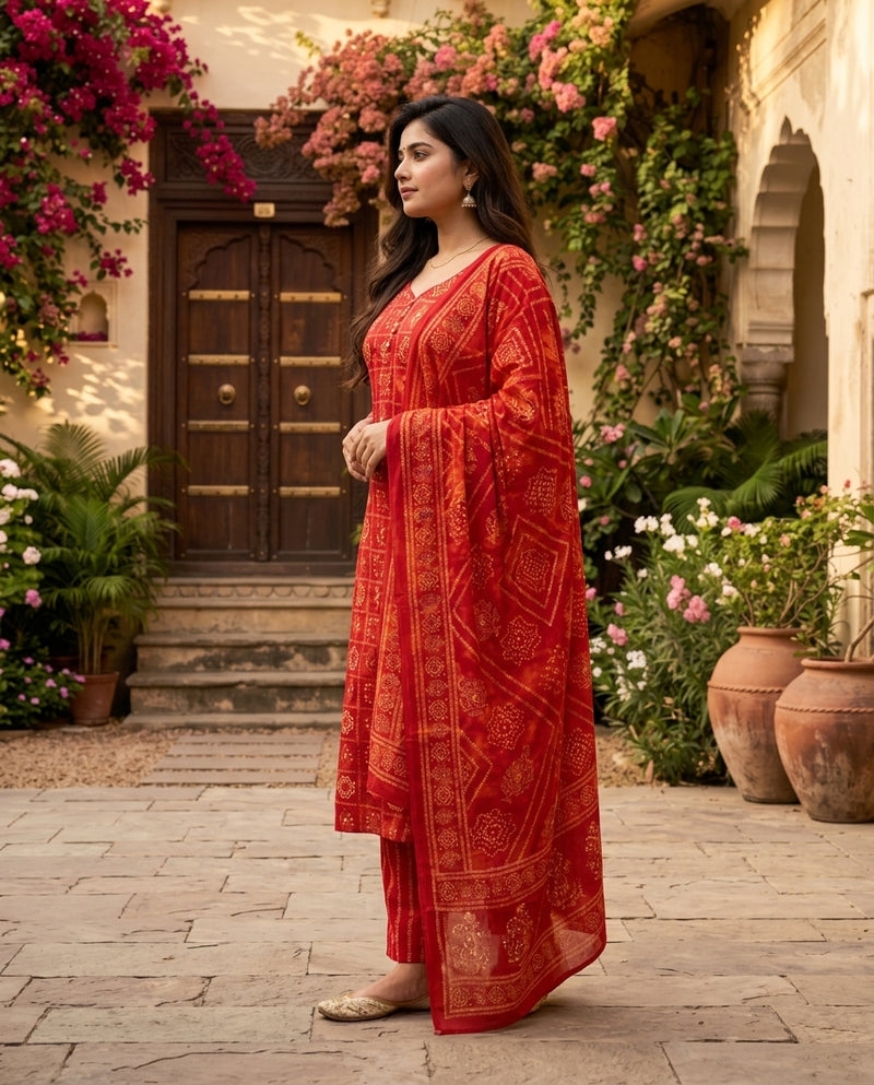 Red Bandhani Print Kurta Set with Trousers and Dupatta