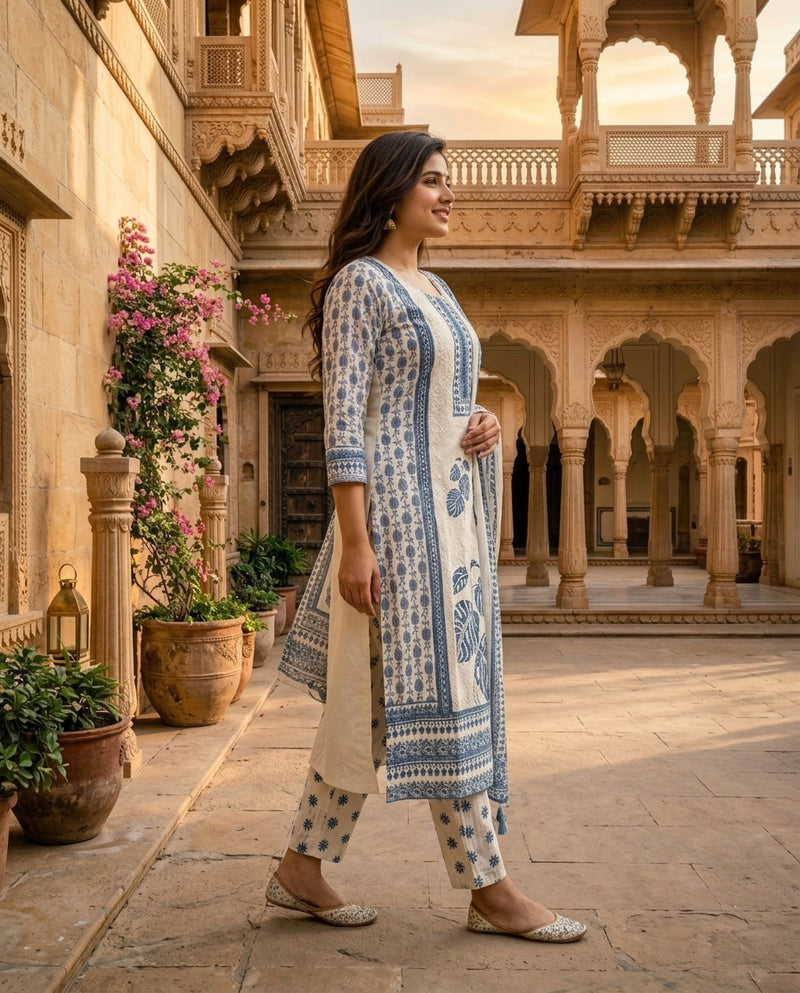 Off-White & Blue Printed Cotton Kurta Suit Set with Dupatta