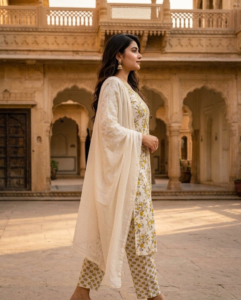 Off-White Floral Printed Kurta Set with Lace Dupatta
