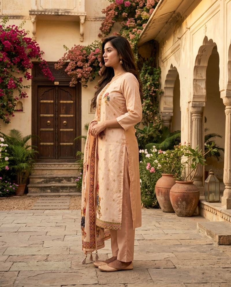 Peach Floral Print and Embroidered Yoke Suit Set