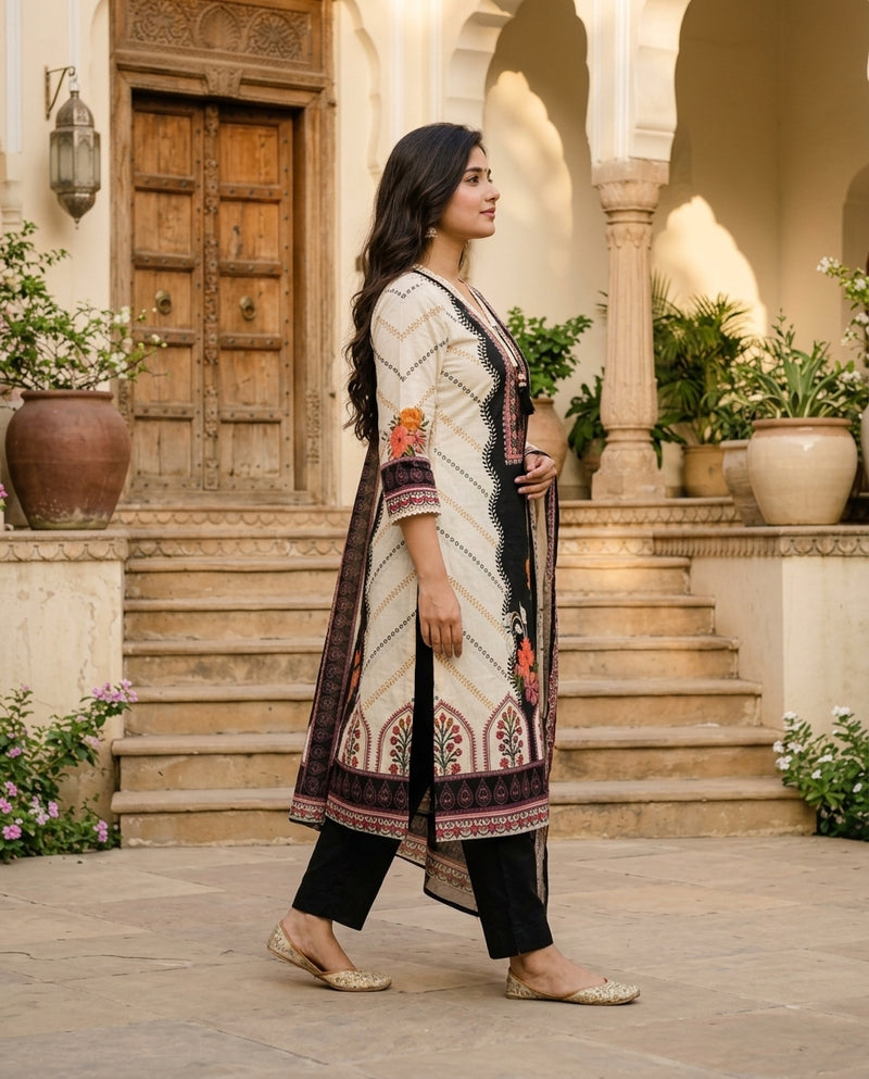 Off-White and Black Printed Suit Set with Dupatta