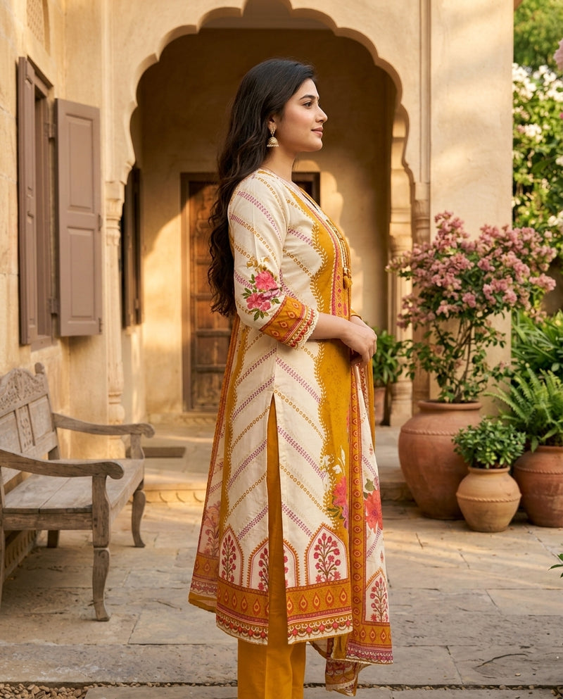 Mustard Yellow Floral Printed Suit Set with Lace Trim