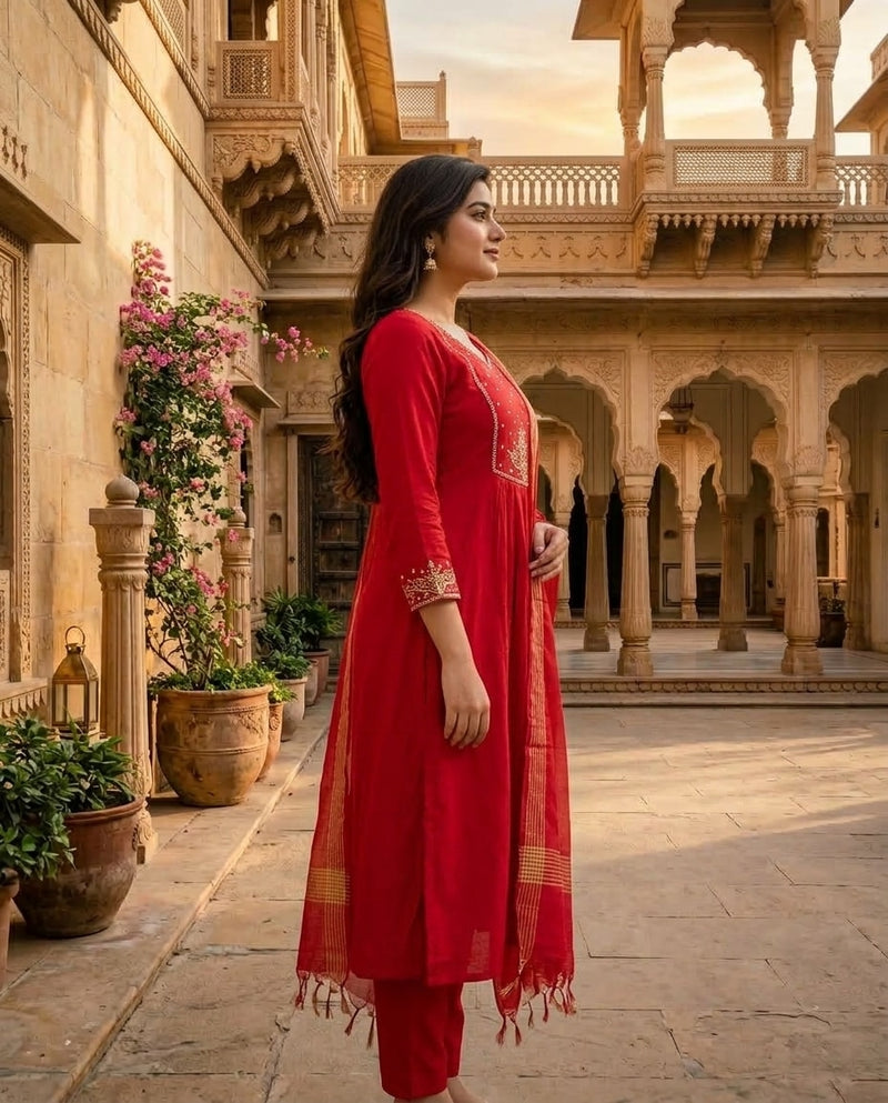 Red and Gold Embroidered V-Neck Kurta Set with Dupatta