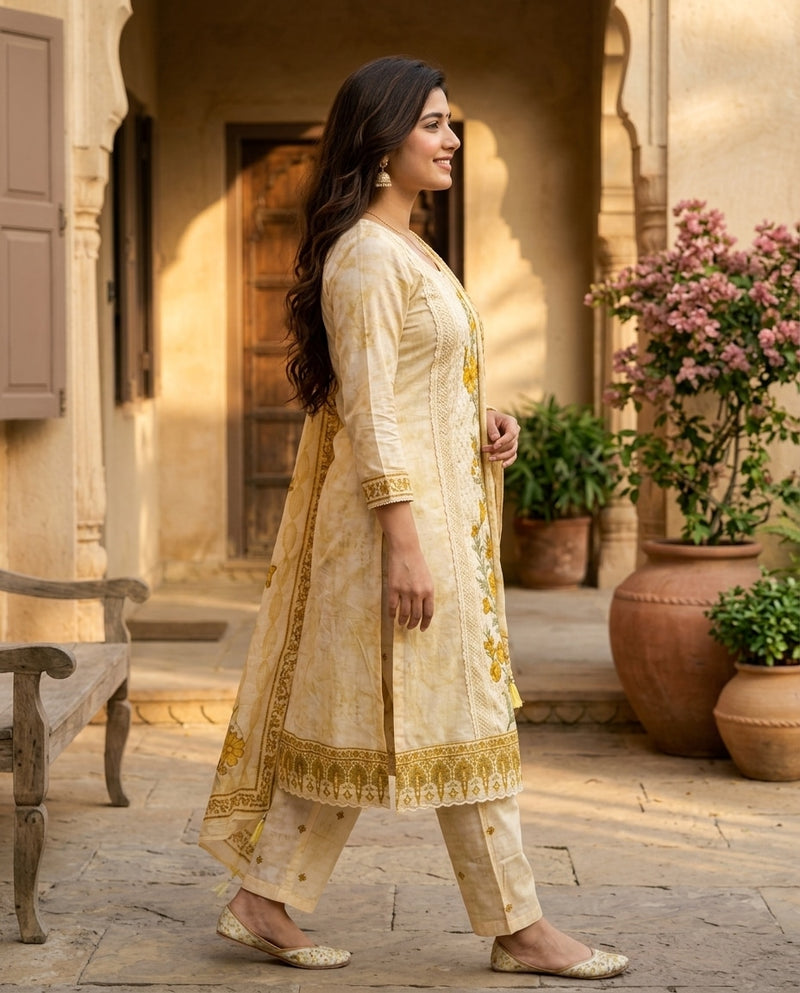 Cream & Mustard Floral Printed Round Neck Kurta Set with Dupatta