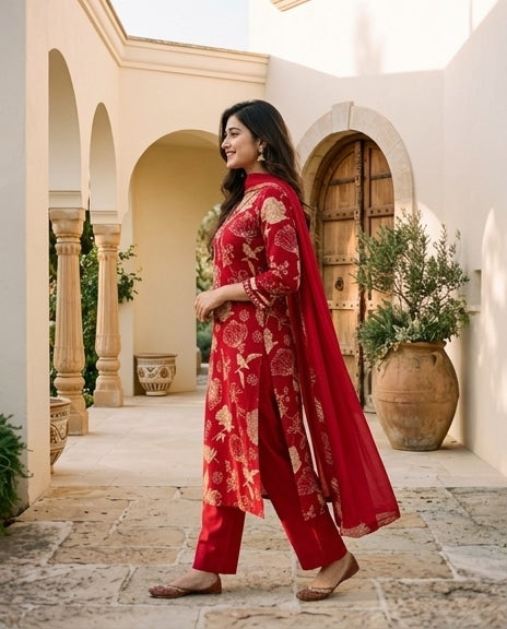 Red & Gold Floral Print Kurta Pant Set with Dupatta